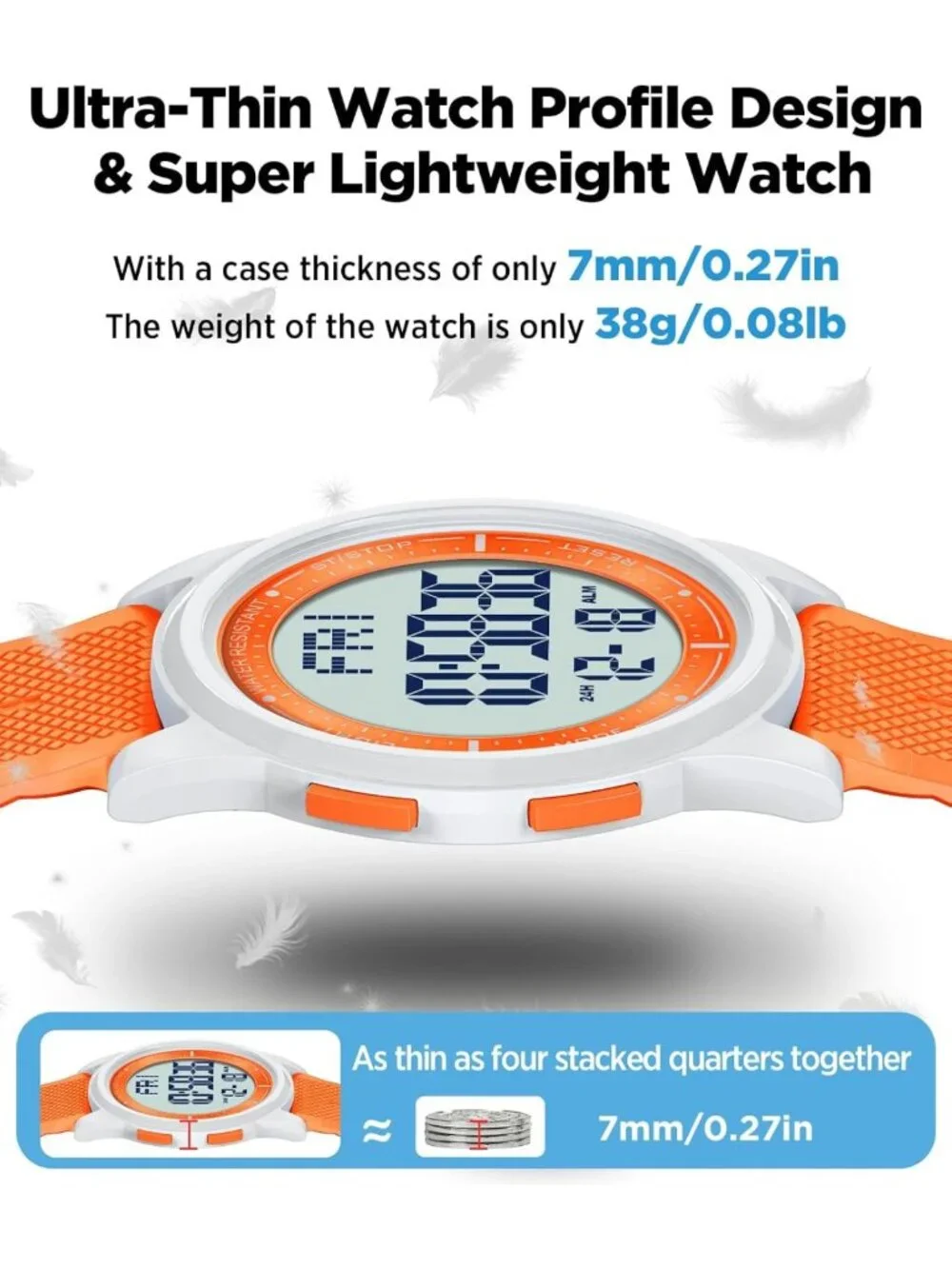 Ultra-Thin Waterproof Digital Sports Watch for Men & Women, 44mm Silicone, Alarm